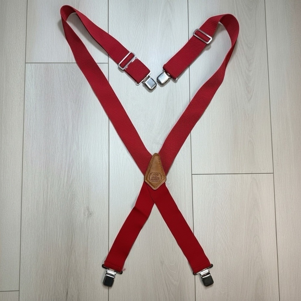 VTG Riveted Provision Co Suspenders Red Elastic Leather‎ USA Heavy Duty Workwear